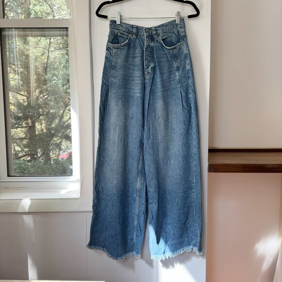 Free People Old West Slouchy Jeans Wide Leg Denim Mid Rise We The Free Blue 25 - Picture 4 of 11
